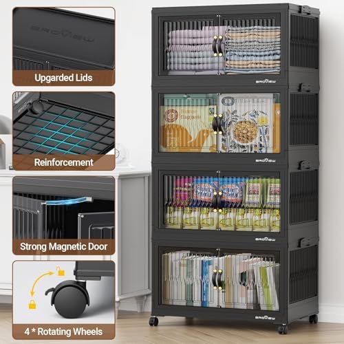 BROVIEW 500Qt Stackable Storage Bins with Lid, Extra Large Closet Organizer Collapsible Drawer Boxes with Wheels, Folding Plastic Cabinet Containers for Home Kitchen Room Organization, 5Pack Black - Image 3