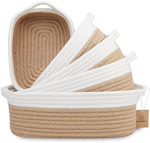 NaturalCozy 5-Piece Rectangle Storage Basket Set- Natural Cotton Rope Woven Baskets for Organizing! Small Basket for Montessori, Baby Nursery, Dog Toy Baskets, Cat Toy Box, Bathroom Organization Bin by NaturalCozy