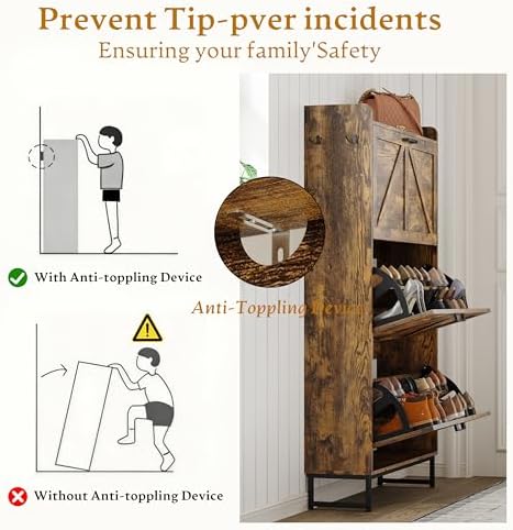 Wodeer Shoe Cabinet Storage for Entryway, Shoe Storage Cabinet with 4 Flip Drawers, Freestanding Narrow Shoe Rack Organizer with Metal Legs, Adjustable Shelves & Open Storage for Foyer, Hallway, White - Image 7