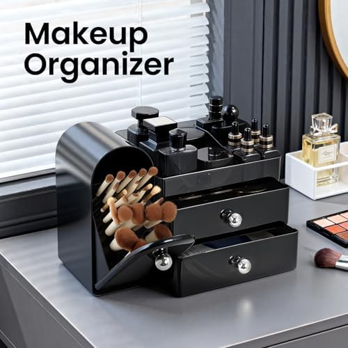 Makeup Organizer Countertop with Makeup Brush Holder,Black - Image 3
