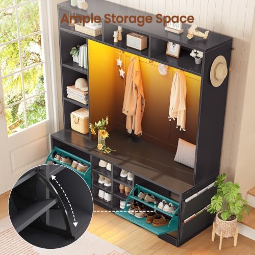 Itaar Hall Tree with Bench and Shoe Storage, 59.1" Farmhouse Entryway Bench with Coat Rack, Shoe Cabinet with Flip Drawers, 12 Shelves, 9 Coat Hooks, Storage Bag, Led Lights, Black - Image 5