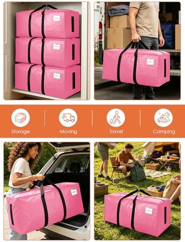 SWEET DOLPHIN 12 Pack 200LB Heavy-Duty Moving Bags with Wrap-Around Handles, Extra Large Storage Totes for Space Saving, Clothes Storage Bags, College Dorm Essentials, Pink, 24 Gal - Image 6