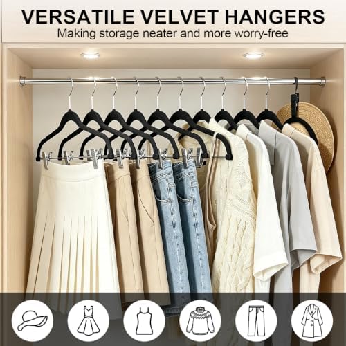 KISEER 30 Pack 16 Inch Velvet Clothes Hangers with Adjustable Clips, Heavy Duty Non Slip Space Saving Pants Skirt Hangers for Closet, Suit, Coat, Shorts, Dress (Black) - Image 3