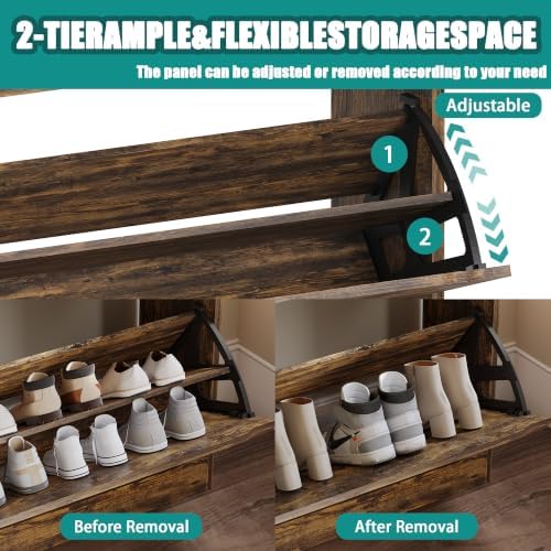 Shoe Cabinet for Entryway with 3 Flip Drawers, Brown Tall Wood Shoe Storage Cabinet with Coat Rack, Narrow Hidden Slim Freestanding Shoe Rack Organizer, 2 in 1 Hall Tree for Living Room, Hallway - Image 3
