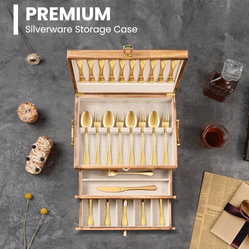 Silverware Storage Box, 3-Layer Flatware Storage Case with Drawer, Wooden Silverware Chest with Handle and Linen Liner, Rustic Silverware Case for Storing Fine Flatware and Utensils (Brown) - Image 6