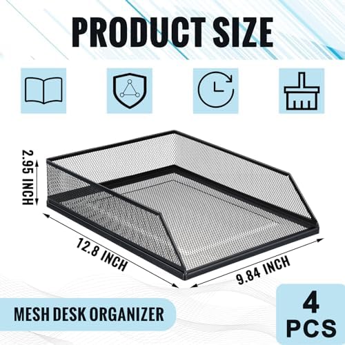 Hicarer 4 Pcs Black Metal Letter Tray Stackable Desk Tray Single Wire Mesh Organizer Front Load File Paper Holder for Desktop Office Home School Classroom (12.8 x 9.84 Inch) - Image 3