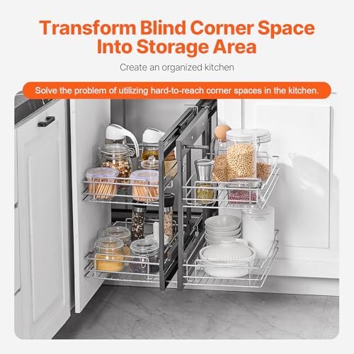 VEVOR Min 15" W Opening Blind Corner Pull Out Organizer, 2 Tier 4 Shelf Kitchen Cabinet Organizer, Chrome Carbon Steel Storage Basket, Slide Out Storage Organizer, Left & Right Open Compatible - Image 4