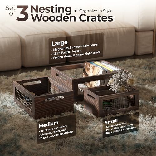 Set of 3 Extra Large Wooden Nesting Countertop Baskets, Rustic Wood Storage Organizer for Kitchen, Pantry or Bathroom – Fruit, Vegetables, Bread Crates with Handles (Largest 16") - Image 7