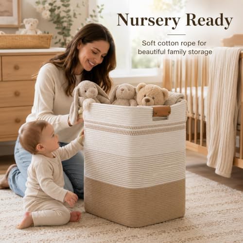 Laundry Hamper, Cotton Rope Laundry Basket with Leather Handles, 22.5-Gallon/85 L Large Clothes Hampers for Laundry, Woven Laundry Baskets for Blankets, Clothing, Bedroom, Living Room, Nursery - Image 3