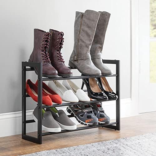 mDesign Metal 3 Tier Adjustable/Expandable Shoe and Boot Storage Organizer Rack - Space-Saving, Angled Vertical Storage - Closet, Entryway, Mudroom, Bedroom, Garage - Black - Image 3