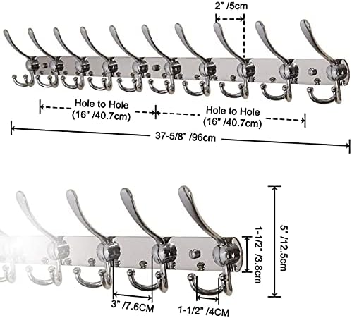 Dseap Coat Rack Wall Mount - 38” Long 10-Tri-Hooks Heavy Duty Coat Hanger Rail Wall Hooks for Hanging Coats Hats Clothing Clothes Purse Mudroom Entryway, Chromed, Pack of 2 - Image 2