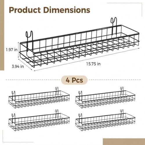 4 Pcs Metal Grid Wall Baskets with Hooks, 15.75 x 3.94 x 1.97 Inch Grid Wall Shelves Hanging Wire Basket Multi Function Storage Organizer for Kitchen Organizing Display (Black) - Image 2