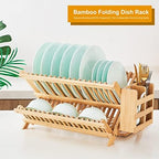 Bamboo Dish Drying Rack, 3 Tier Collapsible Wooden Dish Drainer Rack with Utensil Holder, Plate Rack for Kitchen Counter, Large Folding Drying Holder 51 pcs Grid - Image 6