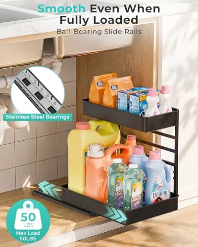 EVERIE Metal Pull Out Slide Shelf Organizer for Under Sink Organization in Kitchen, Bathroom, Counter, Cabinets, Minimum Available Space 13" Wide x 16.5" Deep (Black, 1 Set) - Image 4