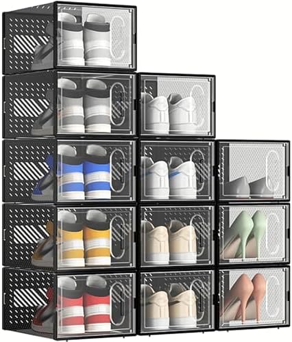 12 Packs Clear Plastic Shoebox With Magnetic Door, Large(13" × 9" × 5.6") Stackable Shoe Box Storage With Lids, Multifunctional Sneaker Containers, Toy Storage, Space-Saving Shoe Rack Black by Unknown