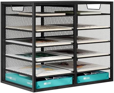 TQVAI 12 Compartments Desktop Literature Organizer, Metal Frame Paper Sorter with Handles, Adjustable Mailbox for Classroom and Office, Desk File Organizer for Document, Bill, Magazine, Black by TQVAI