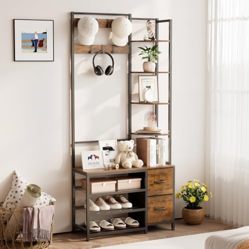 GiftGo Hall Tree with Shoe Storage 31.5" Entryway Coat Rack with 4 Shelves Floor Standing Clothes Rack Shoes Shelf Organizer for Home Office Bedroom - Image 7