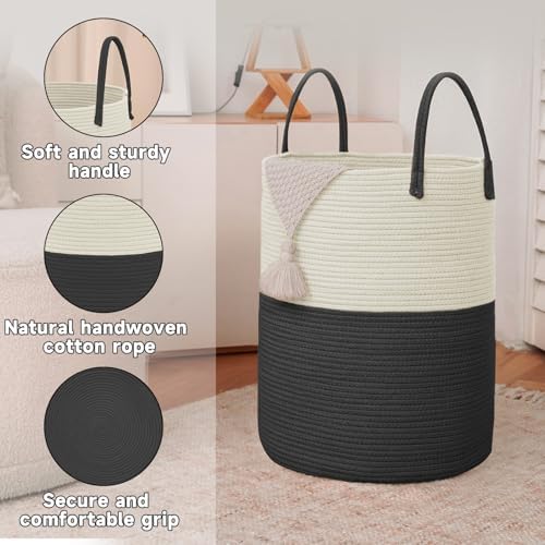 JMvicyroam 60L Cotton Rope Laundry Basket Hamper, White and Black - Image 6