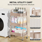 EAGMAK 3 Tier Rolling Cart, Large Metal Storage Cart with Handle and Lockable Wheels, Big Multifunctional Storage Organizer Trolley with Mesh Baskets for Kitchen, Living Room, Office, Garage (Beige) - Image 3