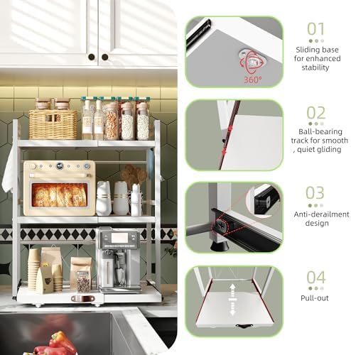 NETEL Expandable Microwave Stand,3 Tier Metal Kitchen Countertop Organizer Shelves with 8 Hooks,Bakers Rack,Pull-Out Microwave Shelf,Metal Storage Shelves,110lbs Weight Capacity,White - Image 4