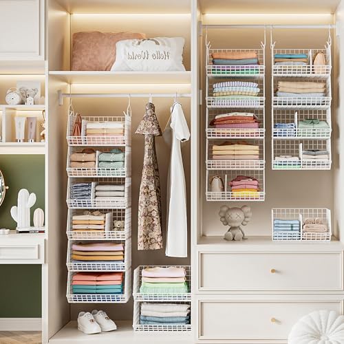 Jautokerdar 6 Tier Extra Large Hanging Closet Organizer, Closet Storage Hanging with Dividers, Wire Closet Shelf with 5 S Hooks 4 Dividers,Sweater Handbag Hat Accessory Storage Hanger,White - Image 3