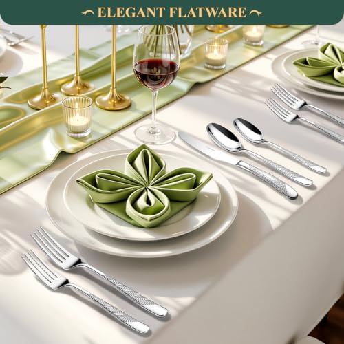 49 Pieces Silverware Set with Bamboo Organizer,Hammered silver - Image 6