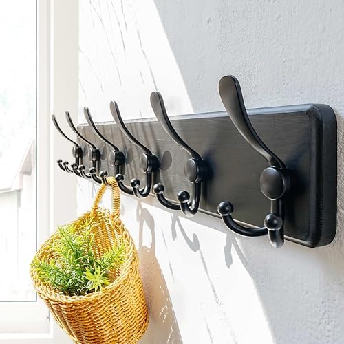 Dseap Coat Rack Wall Mounted - 24" Long 6 Tri Hooks, Heavy Duty Wooden Wall Coat Hanger Coat Hook for Clothes Hat Jacket Clothing, Black - Image 2