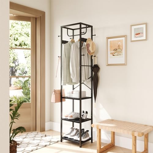 ELYKEN Coat Rack Freestanding, Hall Tree with 3 Shelves and 12 Hooks, Black - Image 2