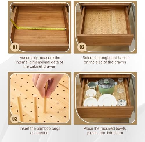 3 Pcs Wood Pegboard Drawer Organizer, Natural Wood, 17 x 5.91 Inch, Bamboo - Image 5