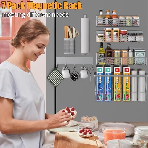 DTUQYX Magnetic Spice Rack for Refrigerator, 7 Pack Metal Magnetic Shelf, Moveable Magnetic Storage Fridge Organizer Grey, Spice Organizer, Hook Rack, Paper Towel Holder, Cutting Board Holder, HM5471 - Image 6