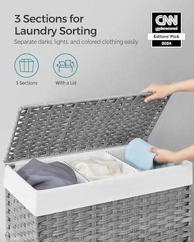 SONGMICS Rolling Laundry Hamper with Lid, 145 L 3-Section Synthetic Rattan - Image 3