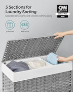 SONGMICS Rolling Laundry Hamper with Lid, 145 L 3-Section Synthetic Rattan - Image 3