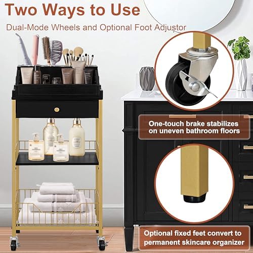 Black and Gold Rolling Makeup Cart with Drawer, Hair Tool Holder - Image 3