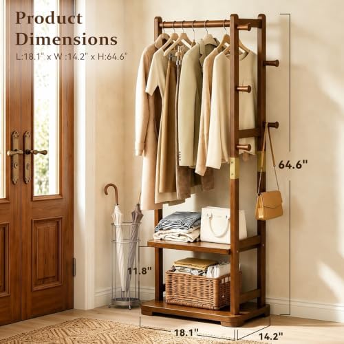 Taitiy Coat Rack Solid Wood Hall Tree Storage 2 Shelves 5 Hooks - Image 2