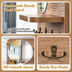 Wooden Key Rack with Mirror, Shelf and 4 Key Hooks for Rustic Entrances, Hallways, Living Rooms and Bedrooms - 16"x12" (Oak Color) - Image 5