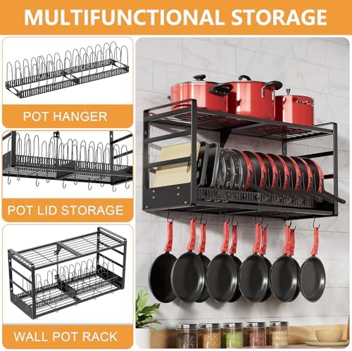 Pot Rack, 31 Inch Wall Mounted 2-Tier Pots & Pans Organizer with 20 Hooks - Image 5