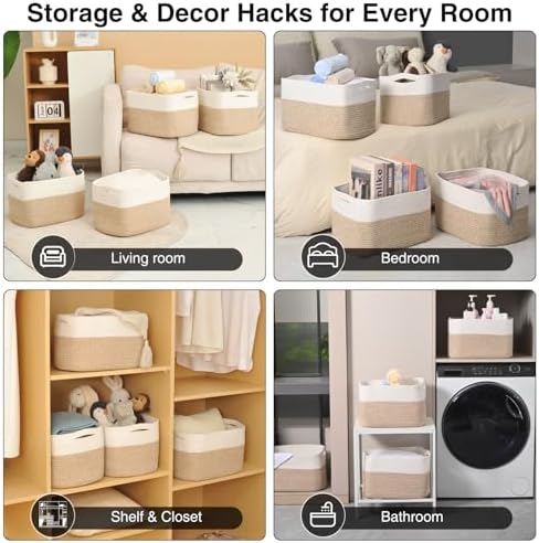 ICERZCZ Woven Cotton Rope Storage Baskets for Organizing & Shelves, Organization Bins for Dog Toys, Clothes, Books, Nursery Organizer, 15"x11"x9", Off White & Mixed Brown (4 Packs) - Image 4