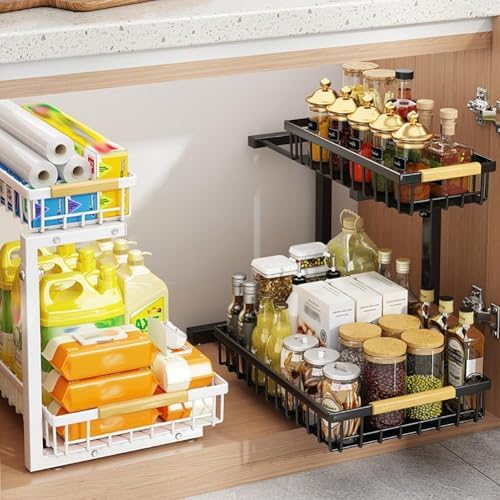GarveeLife Under Sink Organizer, L-Shape Pull-Out 2-Tier Carbon Steel Storage Organizer with Suction Cups - Space-Saving Cabinet Rack for Kitchen & Bathroom - Easy Access Sliding Design -Black - Image 7
