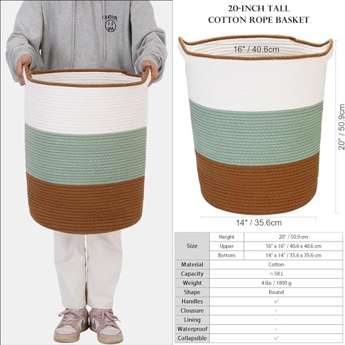 Sea Team Large Woven Cotton Rope Laundry Basket with Handles, 20 x 14 in - Image 6