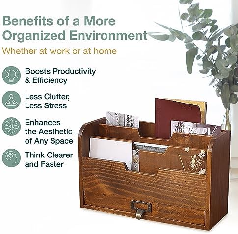 Rustic Wooden Desk Organizer - Vertical File Sorter with 3 Compartments & 1 Paper Tray Drawer - Mahogany Wood - Image 5