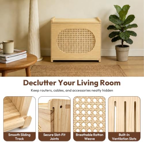 Natural Wood Router Box Hider with Rattan Doors, Tabletop Cable Management Cabinet to Hide Modem & Cords, Fits up to 11" H, 16"x10.4"x12" - Image 5