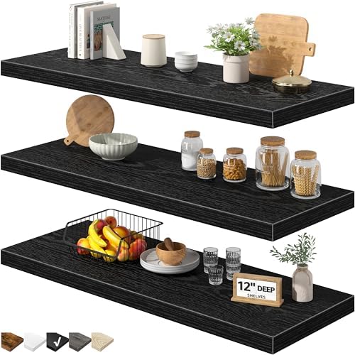 QEEIG 12" Deep Floating Shelves for Wall (Black, Set of 3, 35.4" x 12") by QEEIG