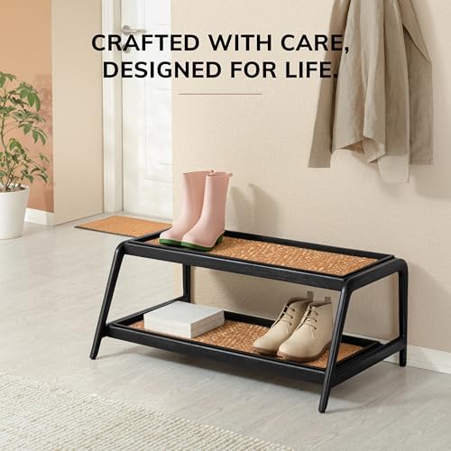 Anji Mountain Heavy Duty Waterproof Wooden Shoe Storage Mat Organizer/Boot Storage Tray Multi Use for Entryway with Coir, Tan and Khaki Insert, 2 Tier, Fits 6 Pair (36.5" Wide) - Image 5