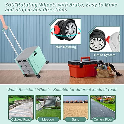 FELICON Folding Utility Cart Rolling Crate Handcart Basket Tote-Green+Gray - Image 5