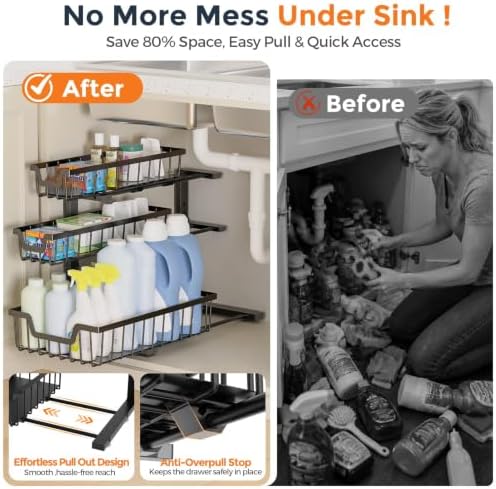 Under Sink Organizer, 2-Pack 3-Tier Height Adjustable Thickened Metal Pull out Cabinet Organizer Shelf, Slide out Storage Drawer Rack for Bathroom Kitchen Pantry Home Laundry Organization (Black) - Image 3