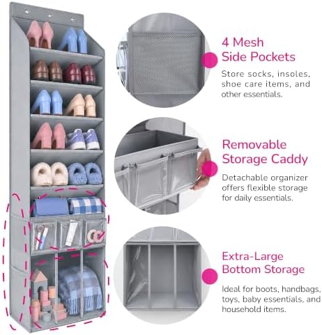 3in1 Over The Door Shoe Organizer with 5 Slanted Compartments,Removable Storage Bin & Transparent Pockets,Thickened Waterproof Oxford Fabric Shoes Rack for Shoes,Boots,Toys,Daily Essentials. (Grey) - Image 4