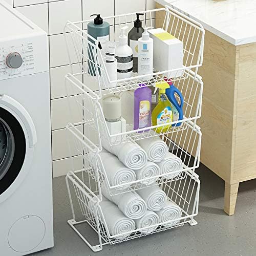 PUSDON 4-Tier Large Stackable Wire Storage Baskets with Wheels, Metal Rolling Utility Cart Organizer, Produce Basket for Kitchen Pantry, Floor Shelf, Classic White - Image 3