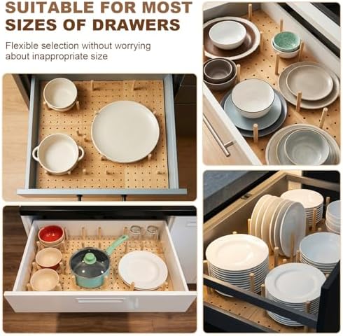 3 Pcs Wood Pegboard Drawer Organizer, Natural Wood, 17 x 5.91 Inch, Bamboo - Image 6