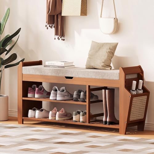 PETKABOO 39.4" Bamboo Shoe Rack Bench, 3-Tier Entryway Bench with Thick Cushion, Flip-Top & Side Storage, Holds Up to 550 LBS for Hallway, Living Room, Bedroom by PETKABOO