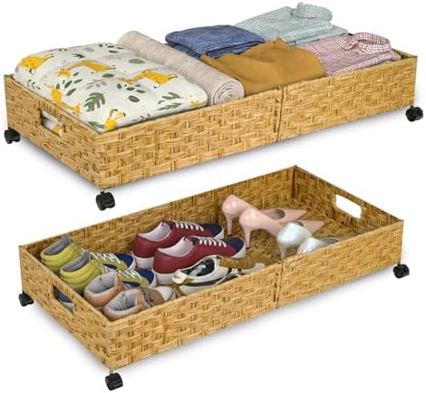 Under Bed Storage Containers with Wheels, 31.5” Large Handwoven Rattan Rolling UnderBed Storage Bins, Tool-free Assembly Natural Under The Bed Organizer Drawers for Bedroom, Sheets Clothes Blankets by Gvztxoe